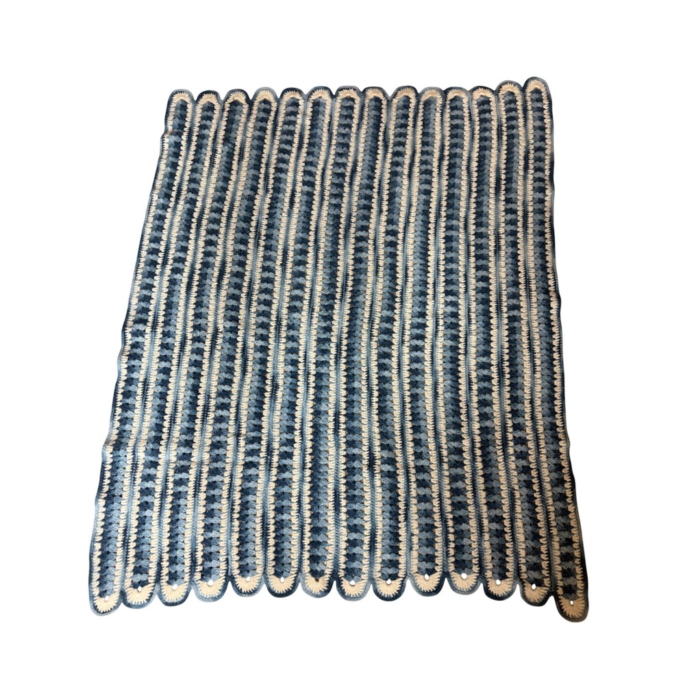 Handmade Crochet Afghan Throw Scalloped Edge Granny Striped Blue Cream 43"x64"